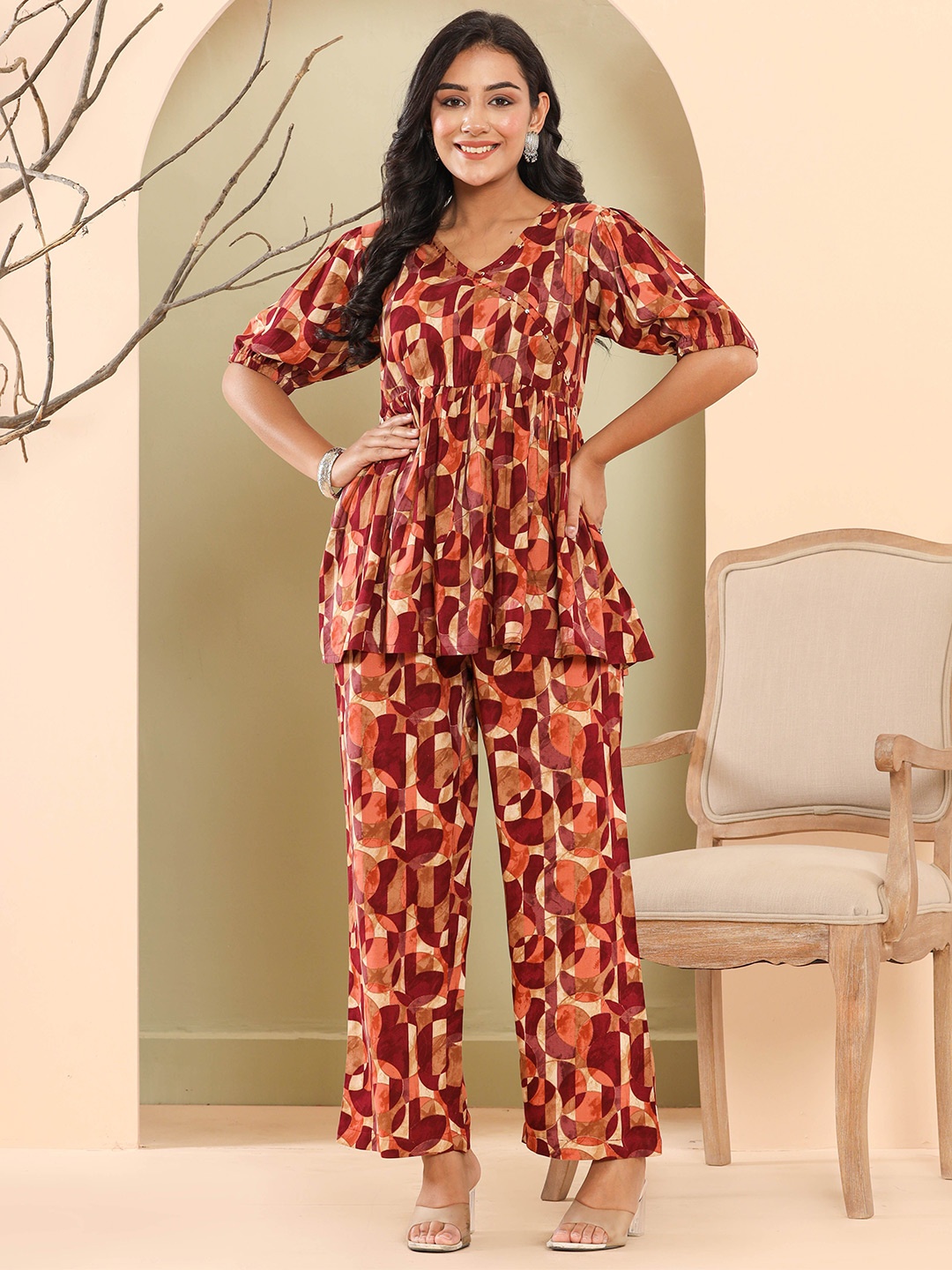 

Haute and Humble Printed Top With Trousers Co-Ords, Brown