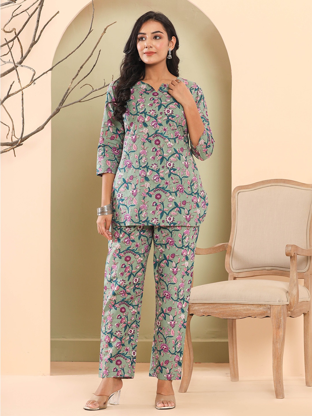 

Haute and Humble Printed Tunic & Trousers Pure Cotton Co-Ords, Green