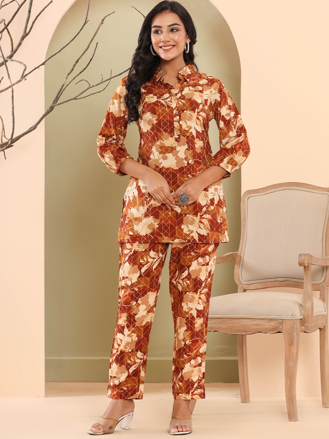 

Haute and Humble Printed Tunic With Trousers Co-Ords, Coffee brown