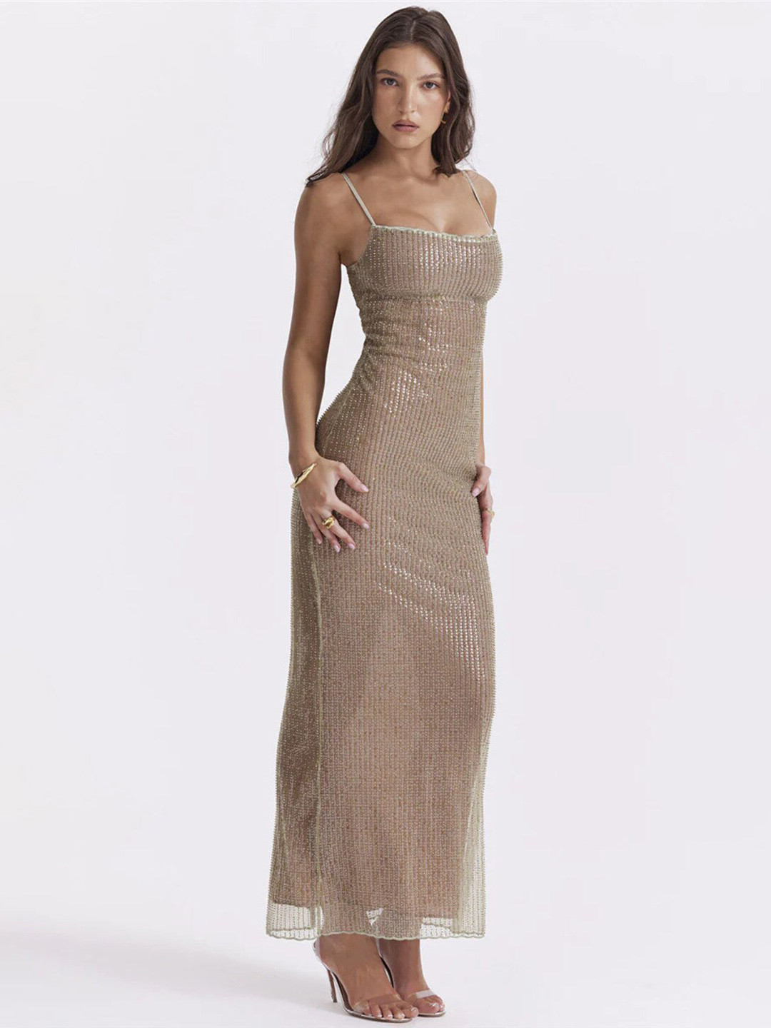 

DressBerry Womens Shoulder Straps Self Design Bodycon Maxi Dress, Beige