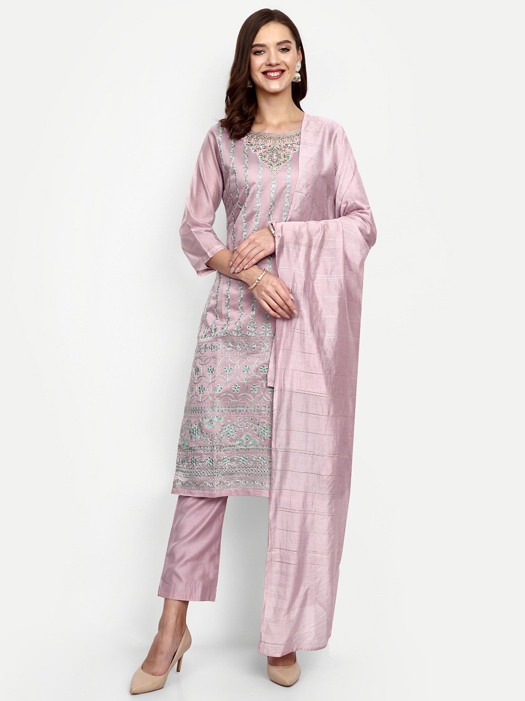 

V B SONS Ethnic Motifs Embroidered Straight Kurta With Trousers & Dupatta, Lavender