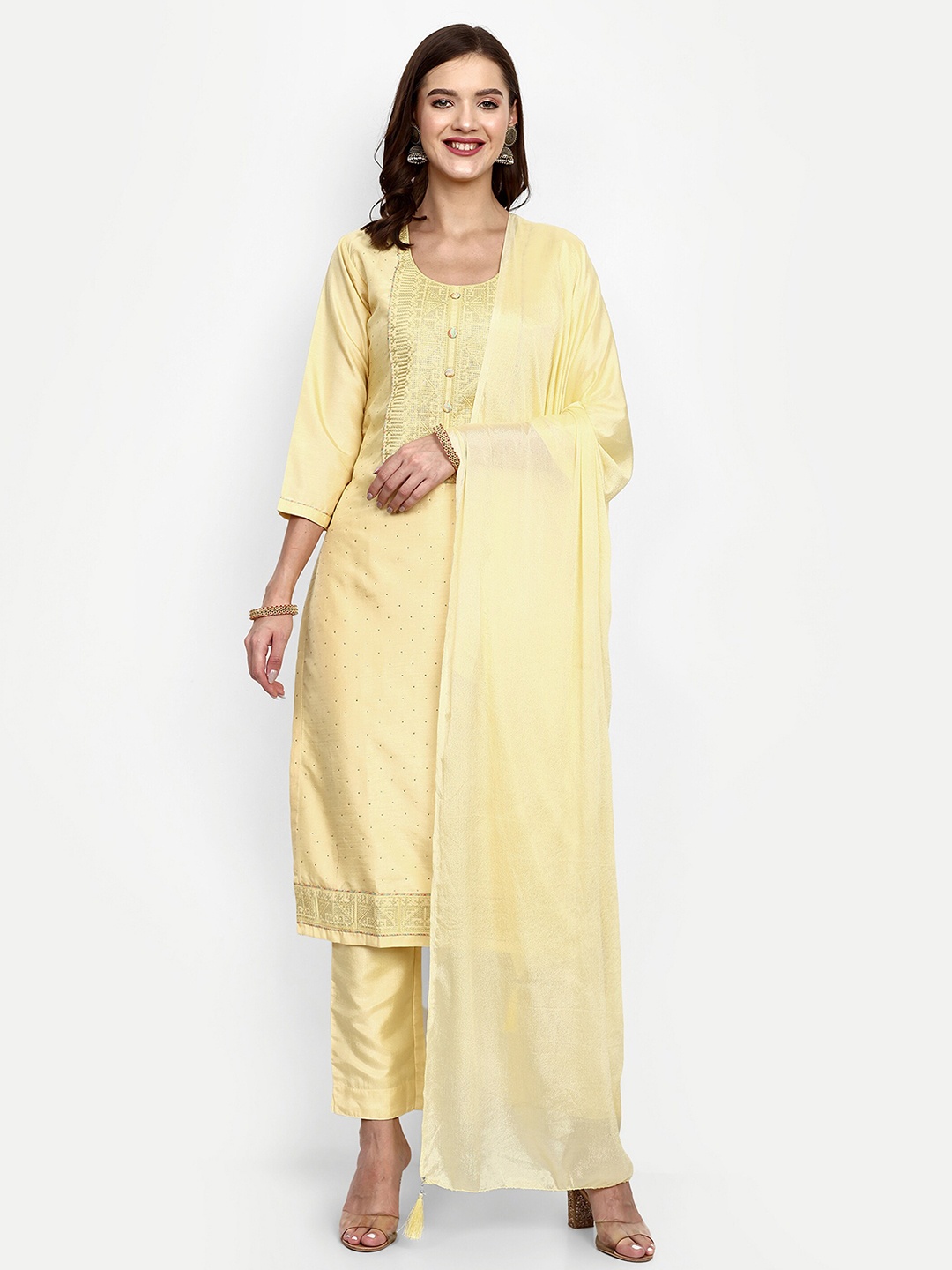 

V B SONS Ethnic Motifs Embroidered Straight Kurta With Trousers & Dupatta, Yellow