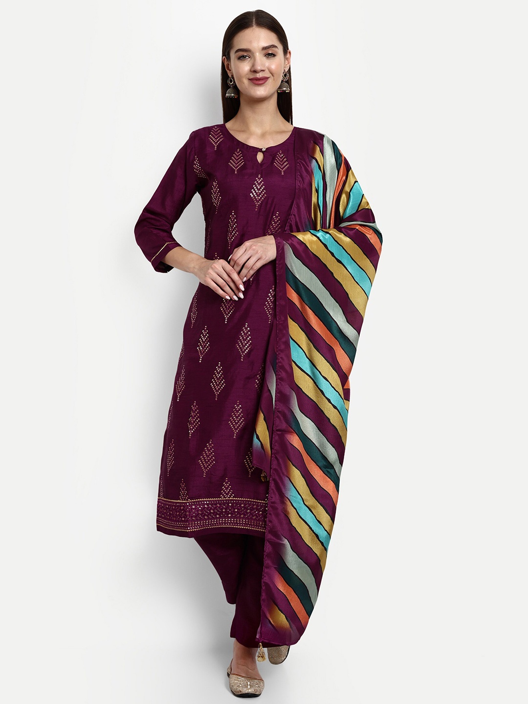 

V B SONS Embroidered Sequinned Kurta With Trousers & Dupatta, Burgundy
