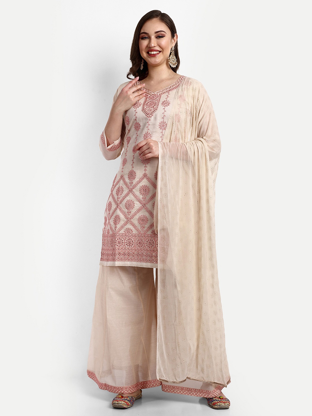 

V B SONS Ethnic Motifs Embroidered Straight Kurta With Palazzo & Dupatta, Cream