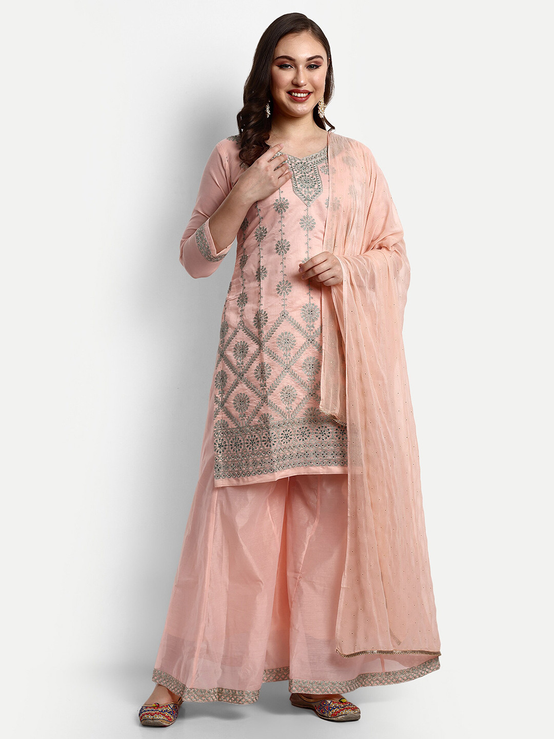 

V B SONS Embroidered Kurta With Palazzo & Dupatta, Peach