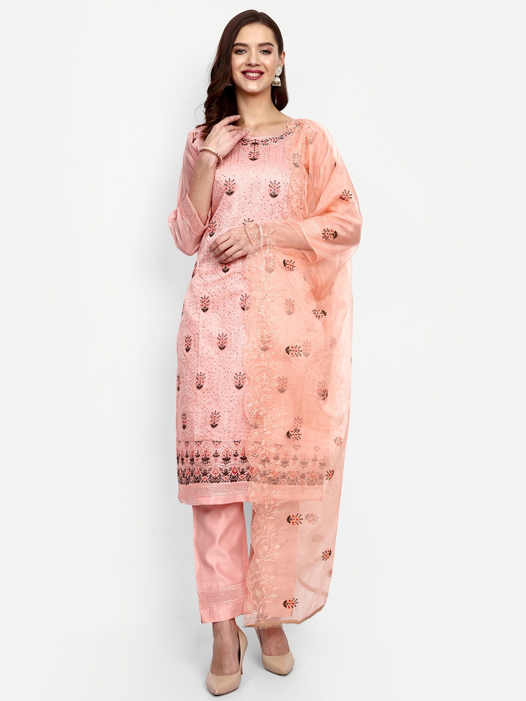 

V B SONS Floral Embroidered Sequinned Kurta with Trousers & Dupatta, Peach