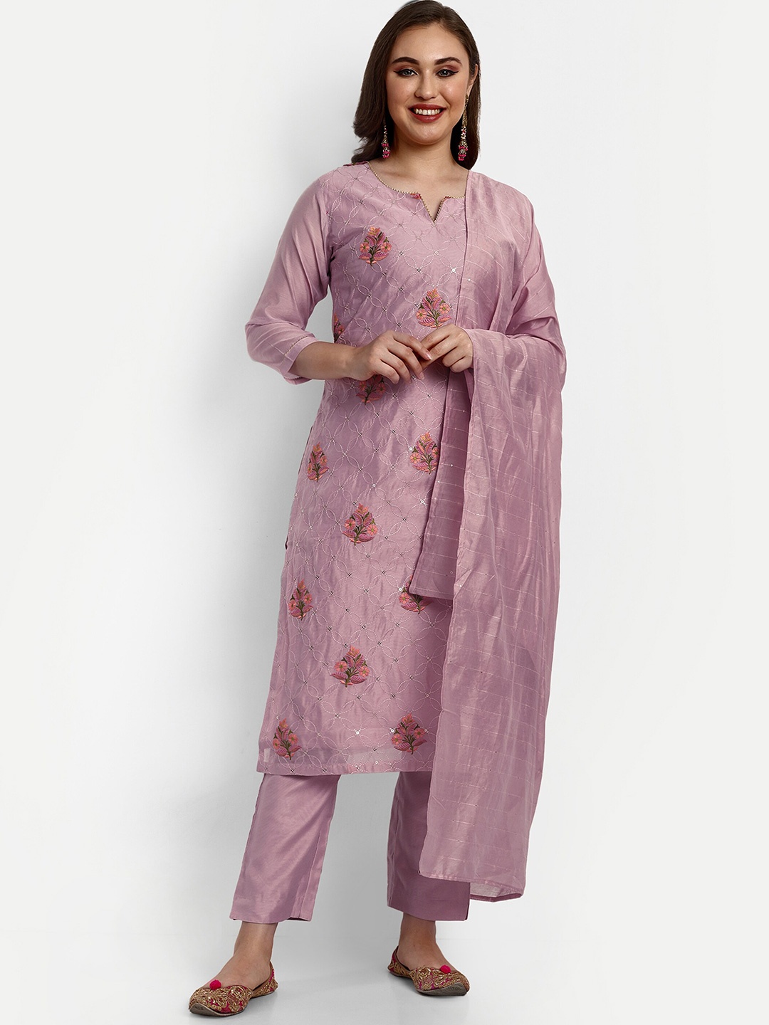 

V B SONS Floral Embroidered Sequinned Kurta with Trousers & Dupatta, Pink