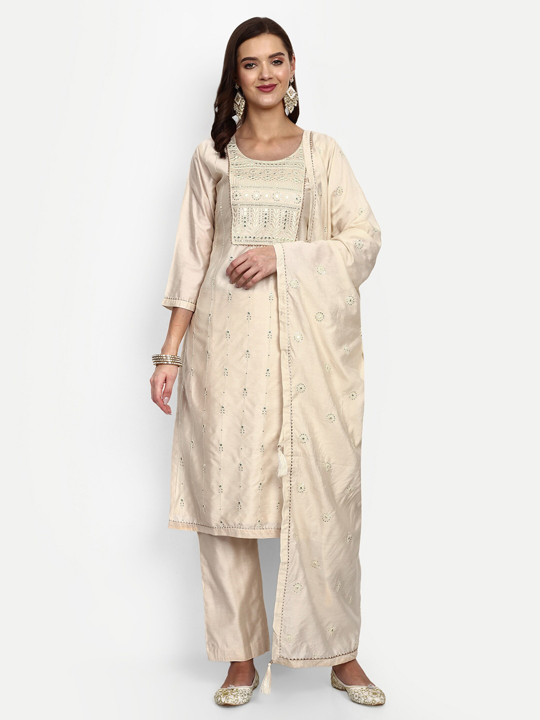 

V B SONS Ethnic Motifs Embroidered Sequinned Kurta with Trousers & Dupatta, Beige