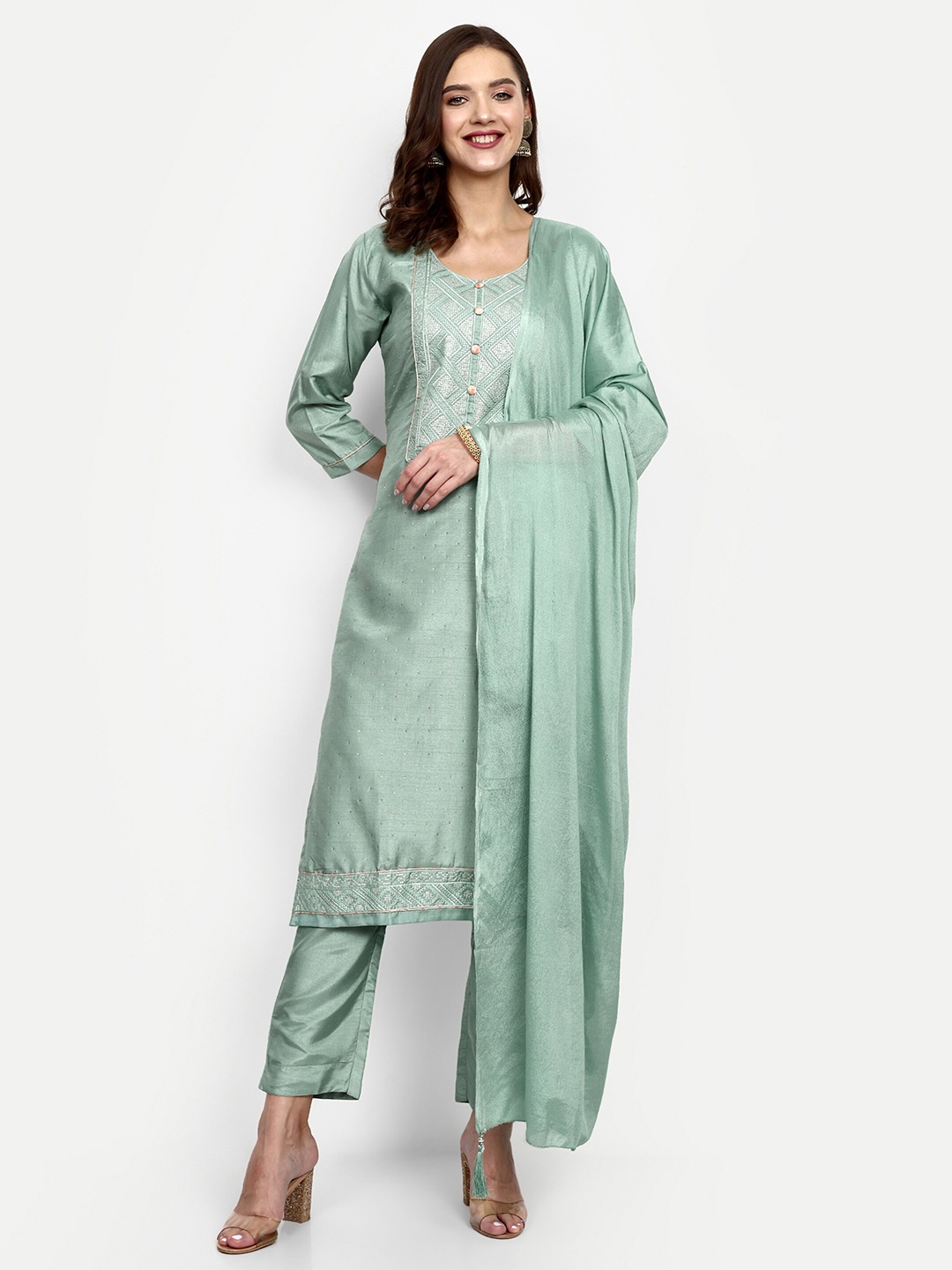 

V B SONS Ethnic Motifs Embroidered Kurta with Trousers & Dupatta, Sea green