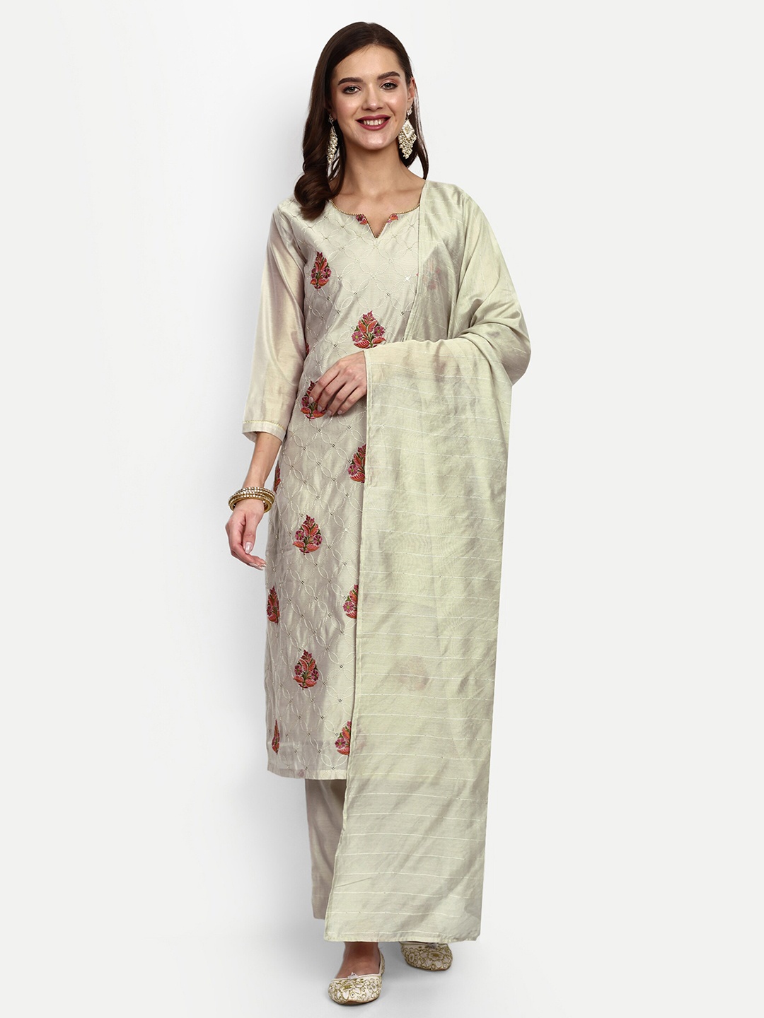 

V B SONS Embroidered Sequinned Kurta with Trousers & Dupatta, Beige