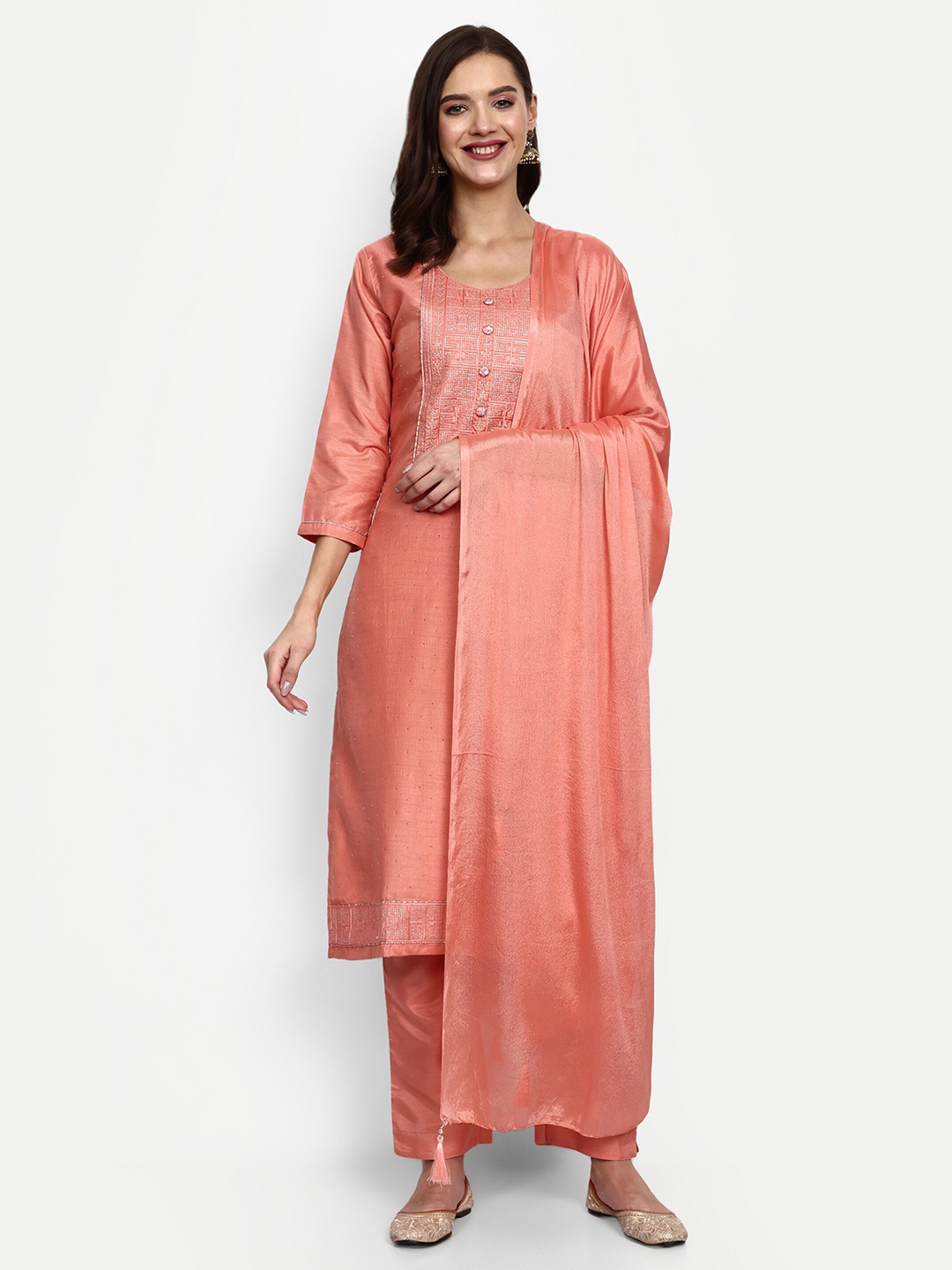 

V B SONS Embroidered Sequinned Kurta with Trousers & Dupatta, Peach