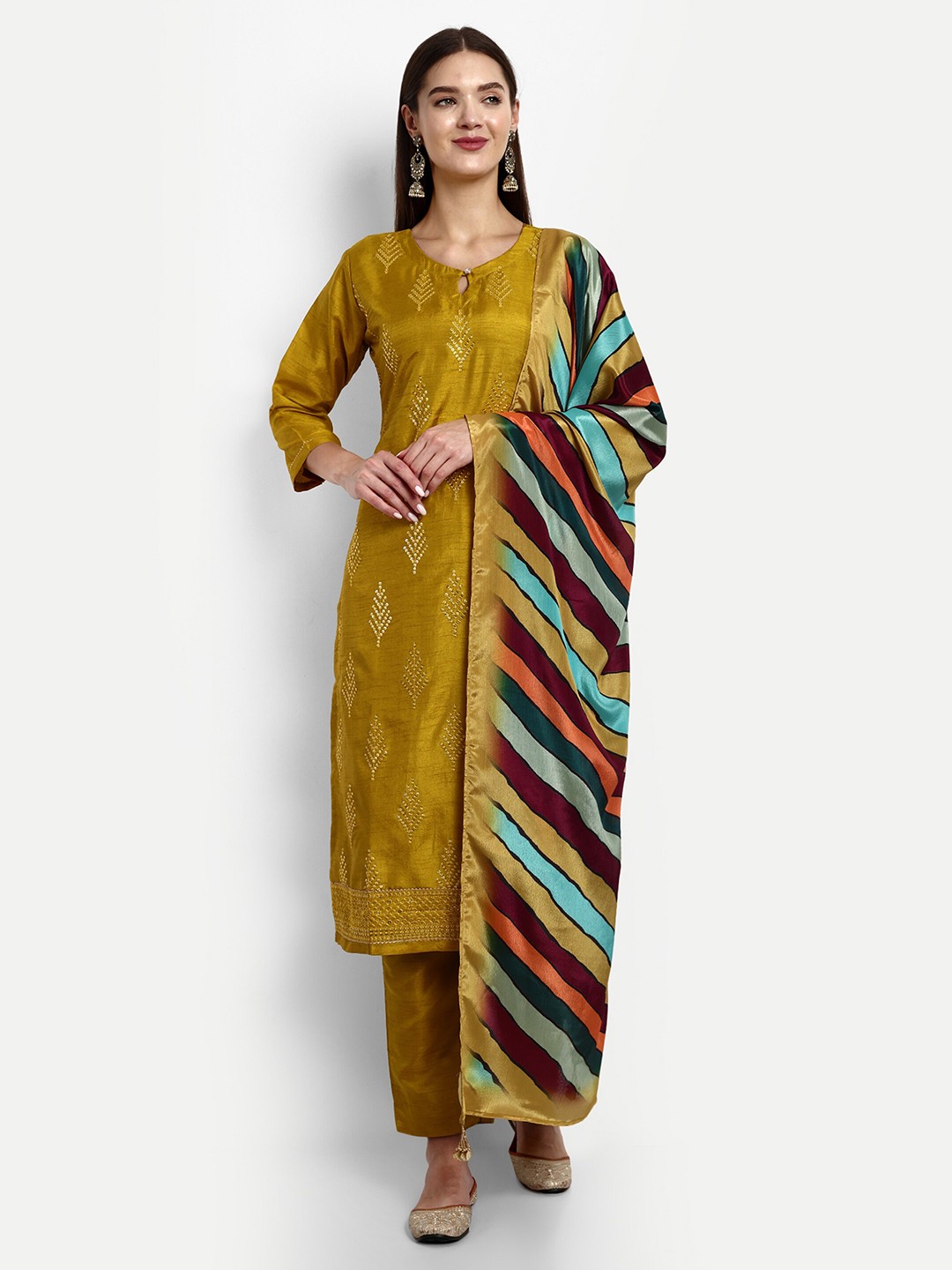 

V B SONS Embroidered Regular Sequinned Kurta with Trouser & Dupatta, Mustard