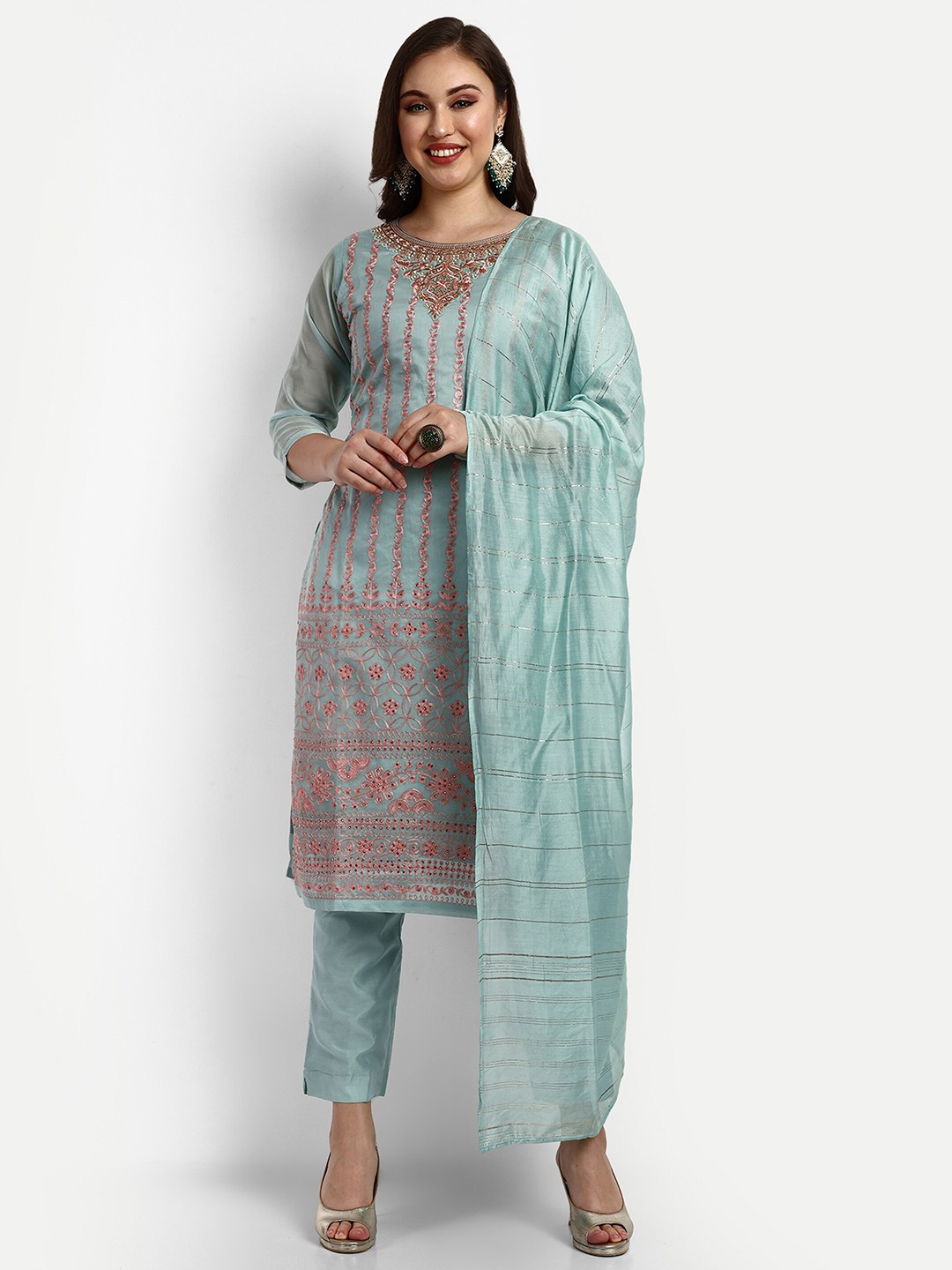 

V B SONS Embroidered Regular Aari Work Chanderi Cotton Kurta with Trouser & Dupatta, Sea green