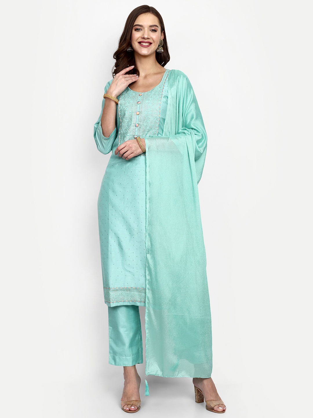 

V B SONS Embroidered Regular Sequinned Kurta with Trouser & Dupatta, Turquoise blue