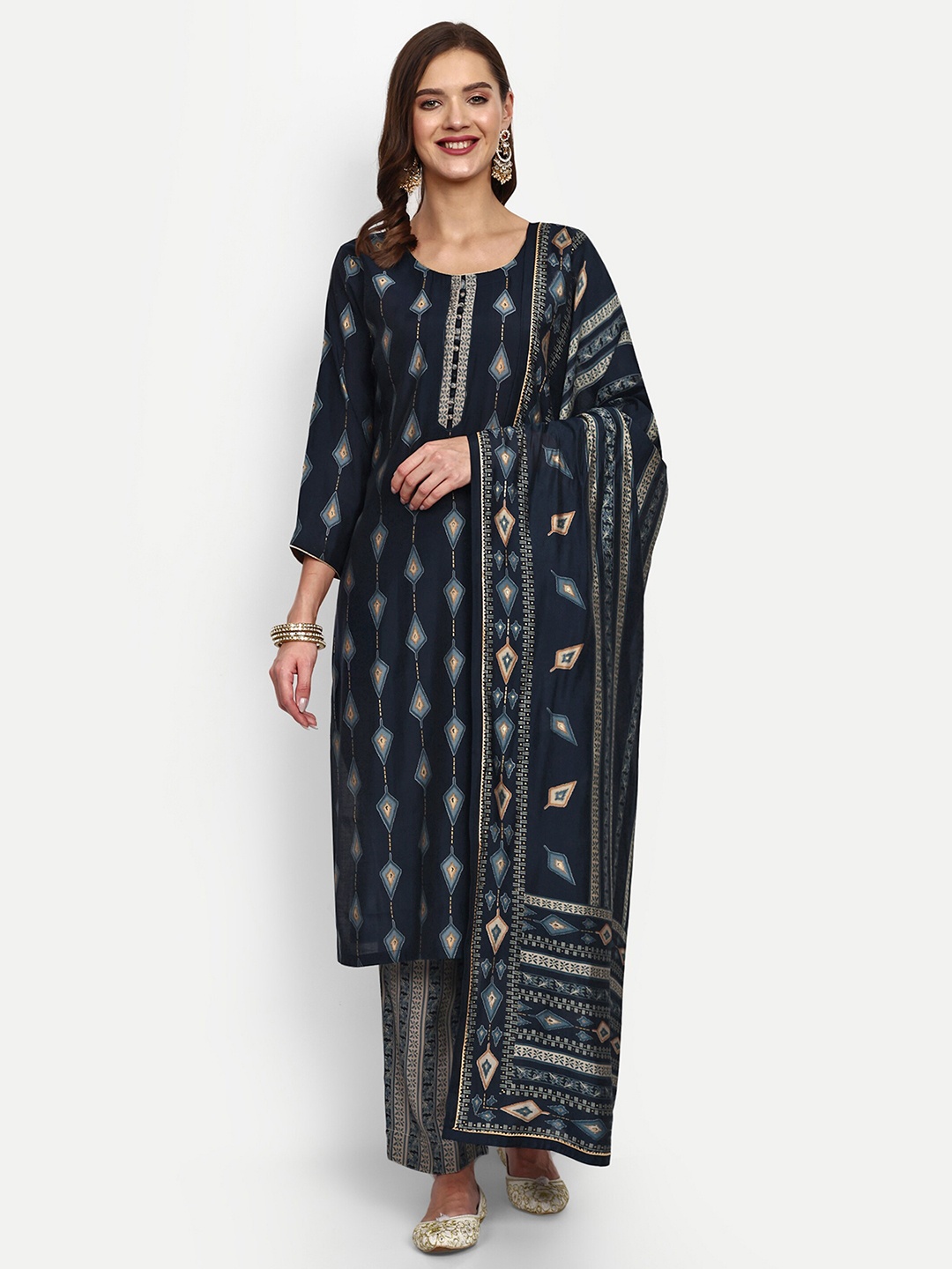 

V B SONS Printed Regular Chanderi Silk Kurta with Trouser & Dupatta, Navy blue