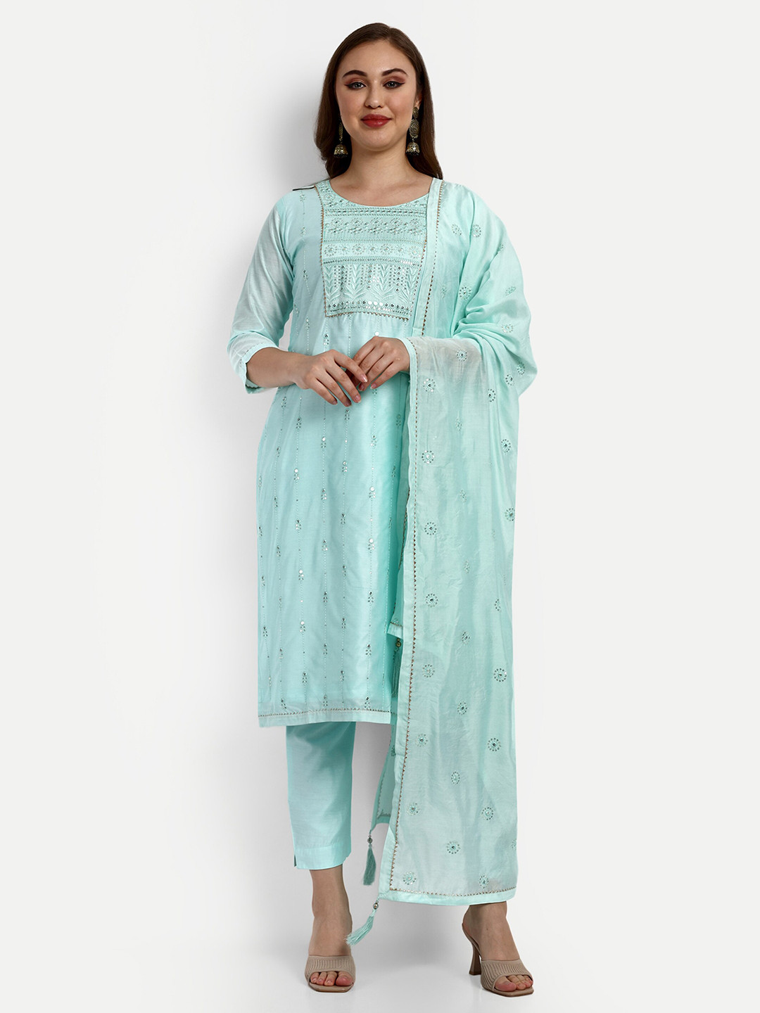 

V B SONS Embroidered Regular Sequinned Chanderi Silk Kurta with Trouser & Dupatta, Turquoise blue