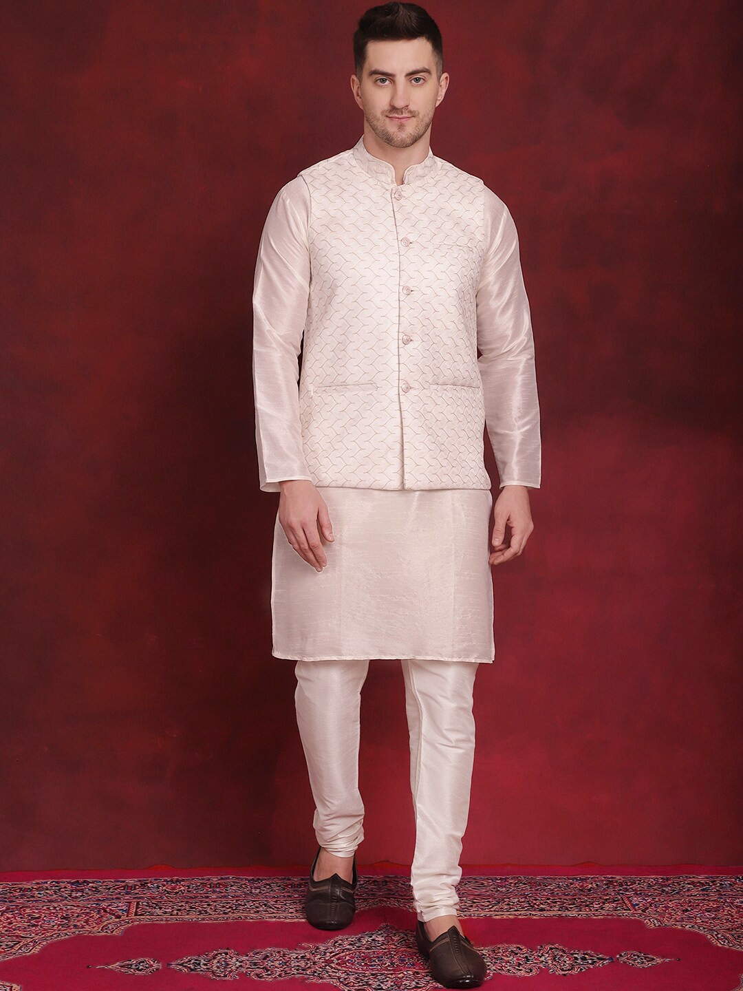 

Jompers Woven Design Kurta With Pyjama & Nehru Jacket, White