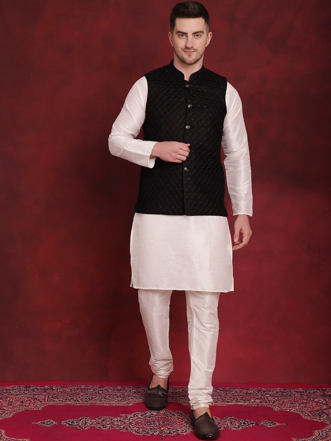 

Jompers Woven Design Kurta With Pyjama & Nehru Jacket, Black