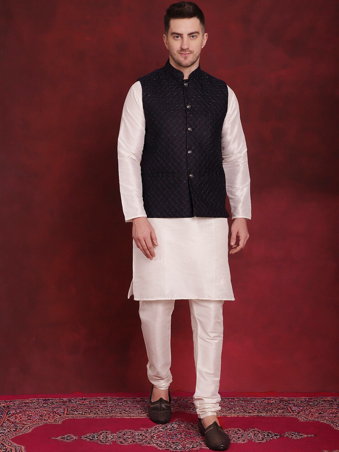 

Jompers Woven Design Mandarin Collar Thread Work Knee Length Kurta with Churidar, Navy blue
