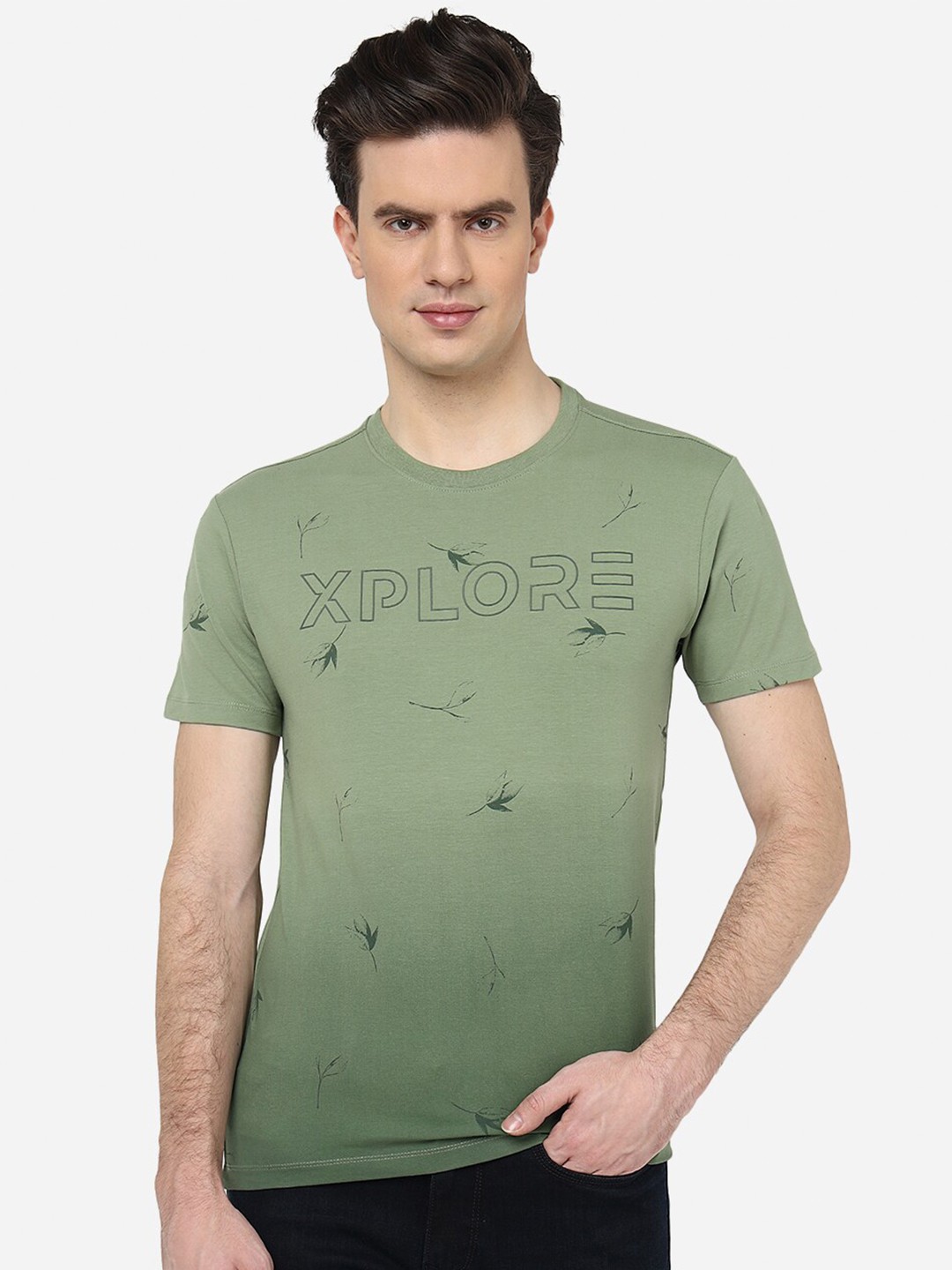 

JADE BLUE Typography Printed Pure Cotton Slim Fit T-shirt, Green