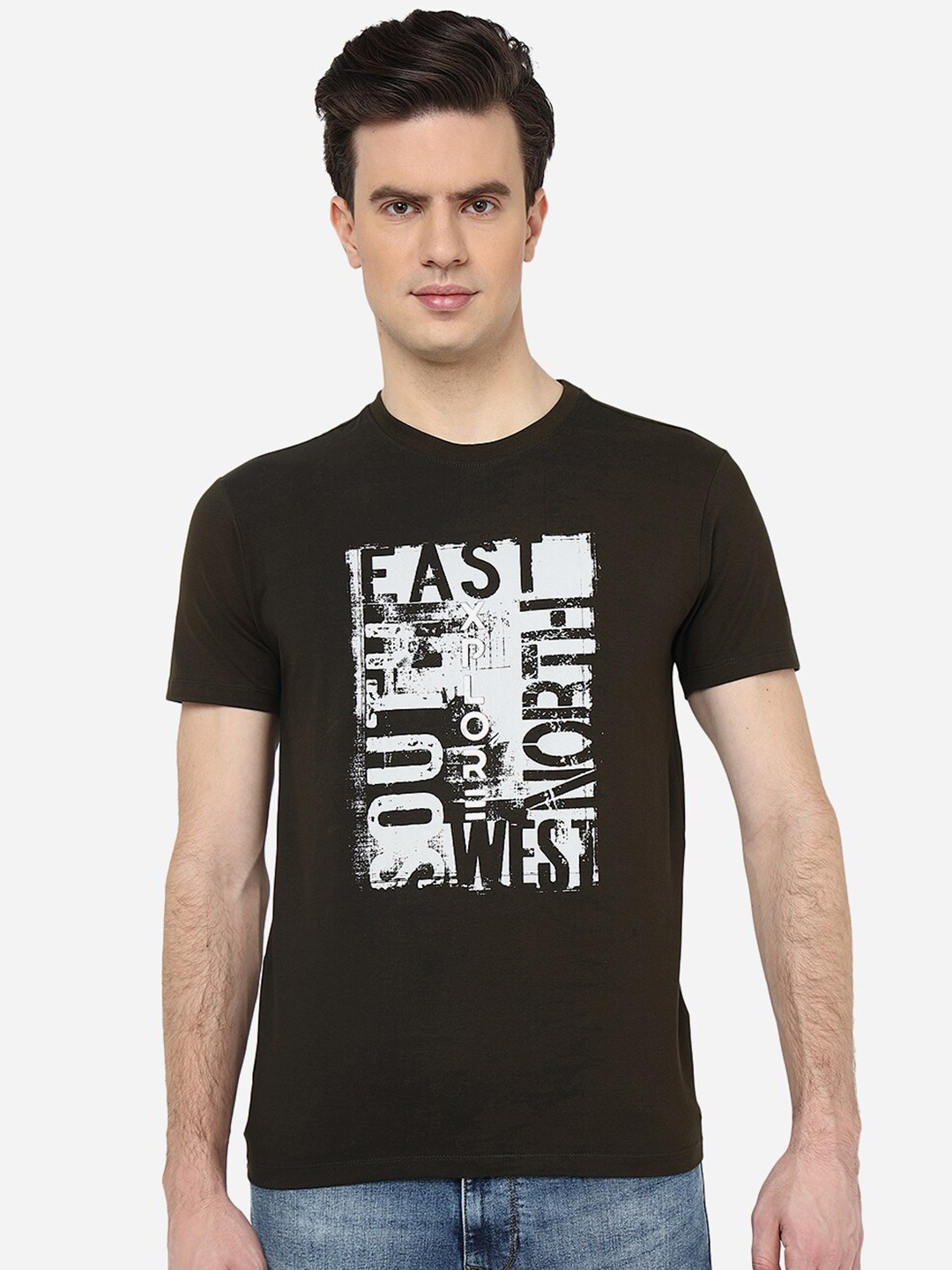 

JADE BLUE Typography Printed Pure Cotton Slim Fit T-shirt, Green