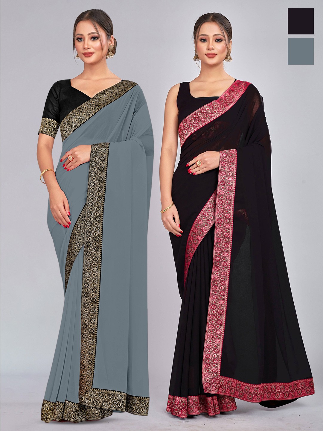 

CastilloFab Selection Of 2 Pure Georgette Lace Border Sarees, Grey
