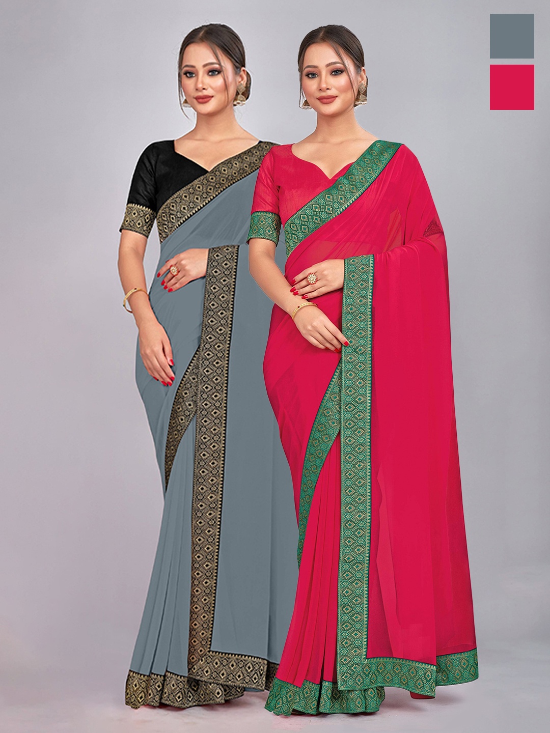 

CastilloFab Selection Of 2 Pure Georgette Zari Saree, Grey