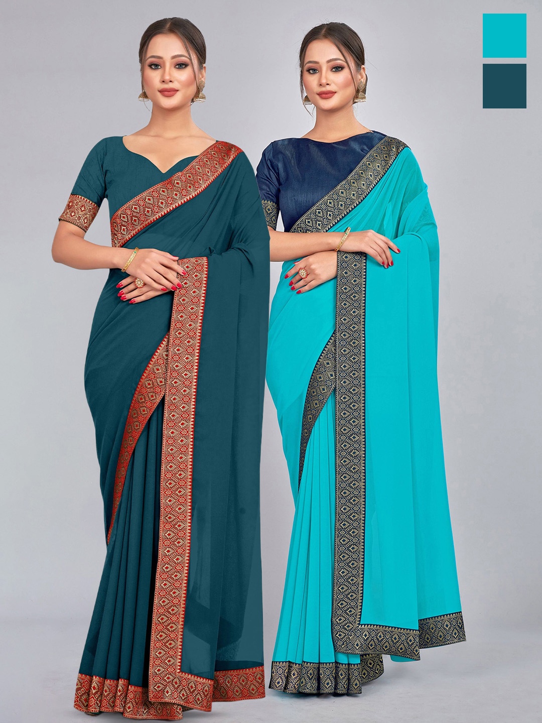 

CastilloFab Selection Of 2 Woven Design Zari Pure Georgette Saree, Turquoise blue