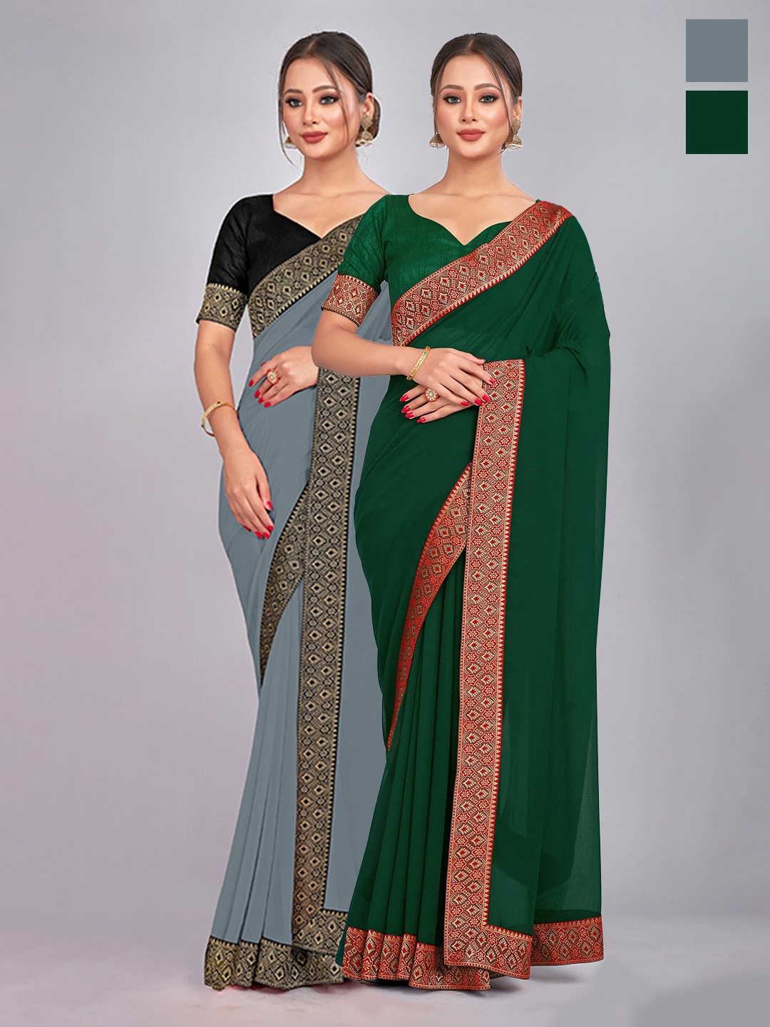 

CastilloFab Selection of 2 Zari Pure Georgette Saree, Grey