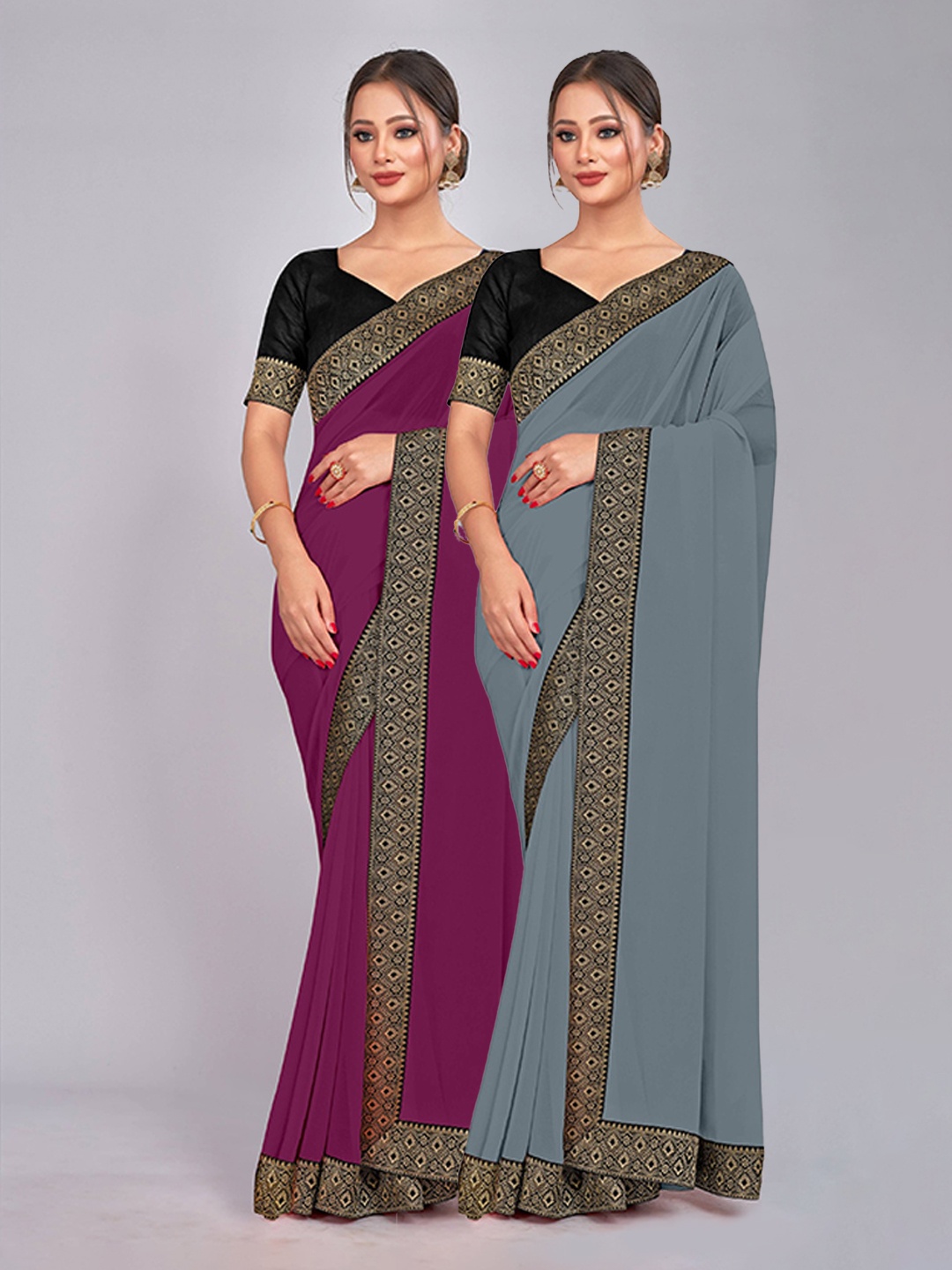 

CastilloFab Pure Georgette Lace Border Zari Saree, Grey
