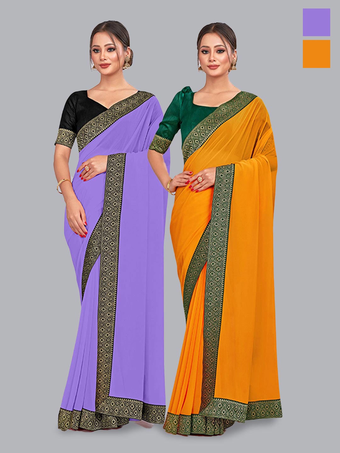 

CastilloFab Selection Of 2 Pure Georgette Zari Saree, Lavender