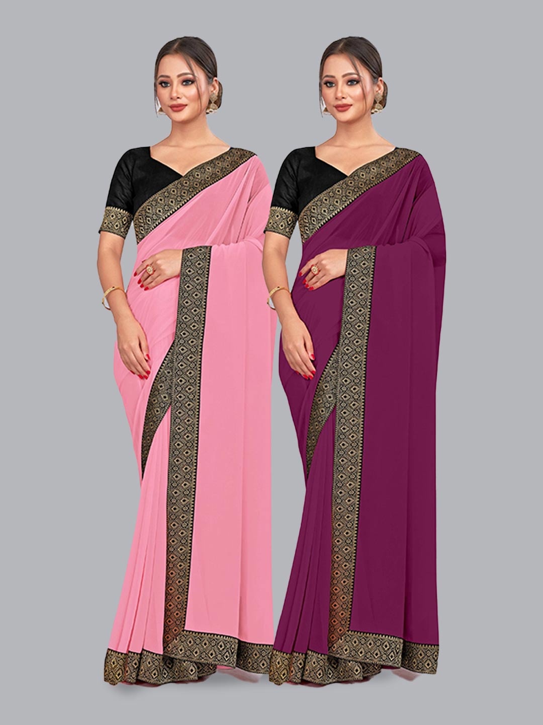 

CastilloFab Pure Georgette Lace Border Zari Saree, Pink