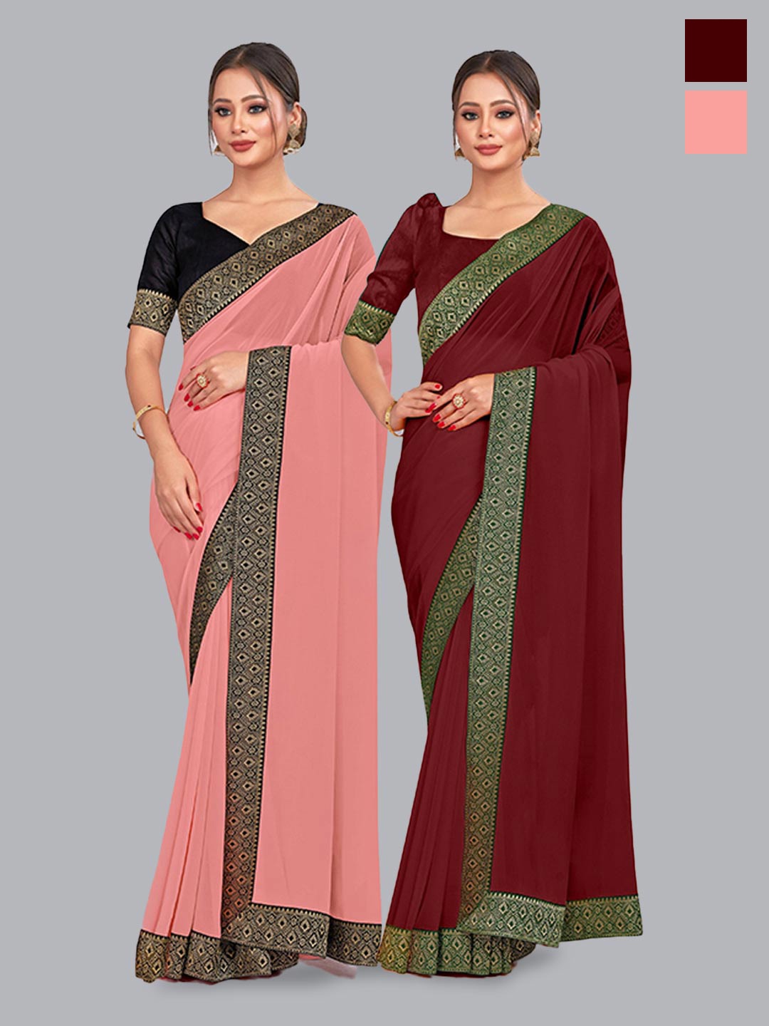

CastilloFab Selection Of 2 Pure Georgette Zari Saree, Peach