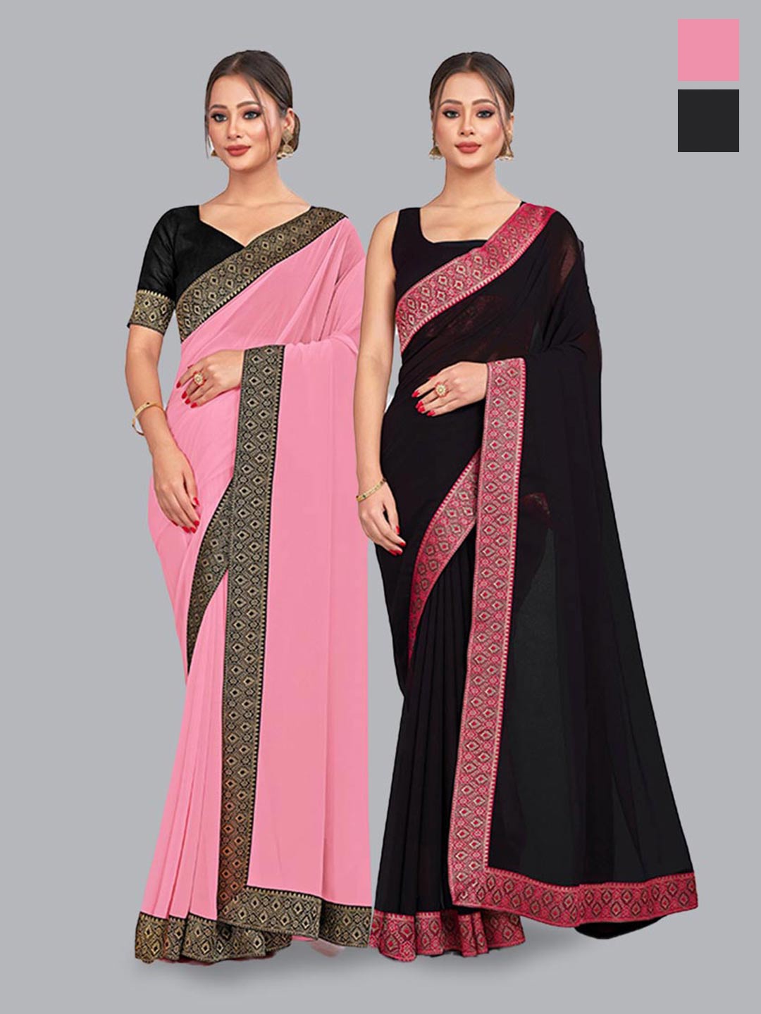

CastilloFab Selection Of 2 Pure Georgette Zari Saree, Pink