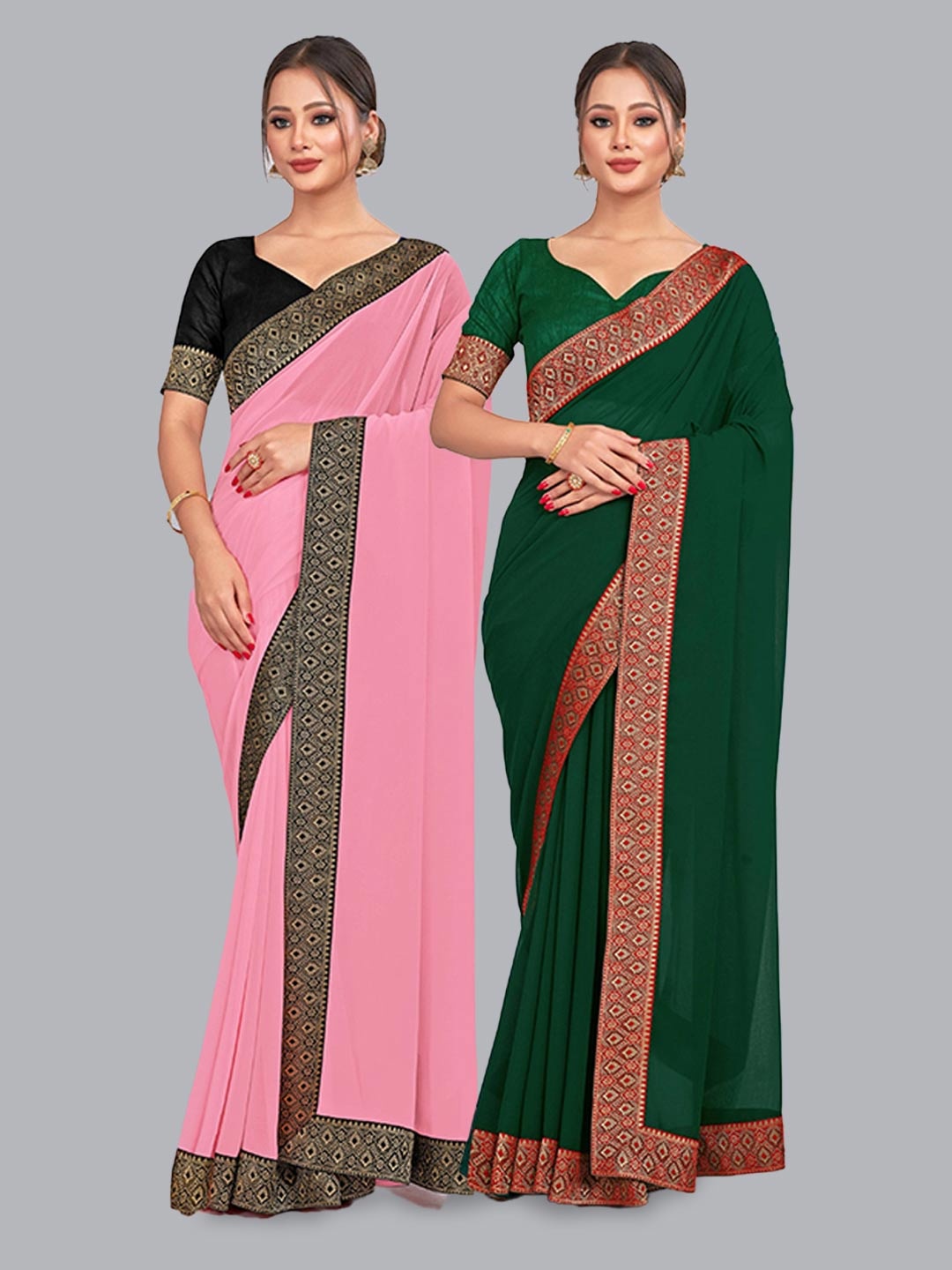

CastilloFab Pure Georgette Lace Border Zari Saree, Pink