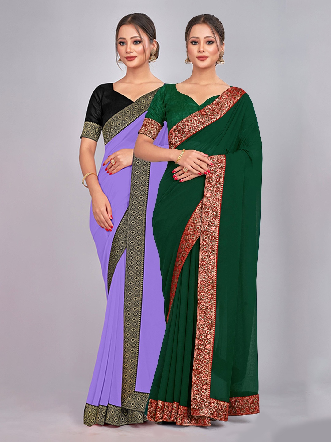 

CastilloFab Pure Georgette Lace Border Zari Saree, Lavender