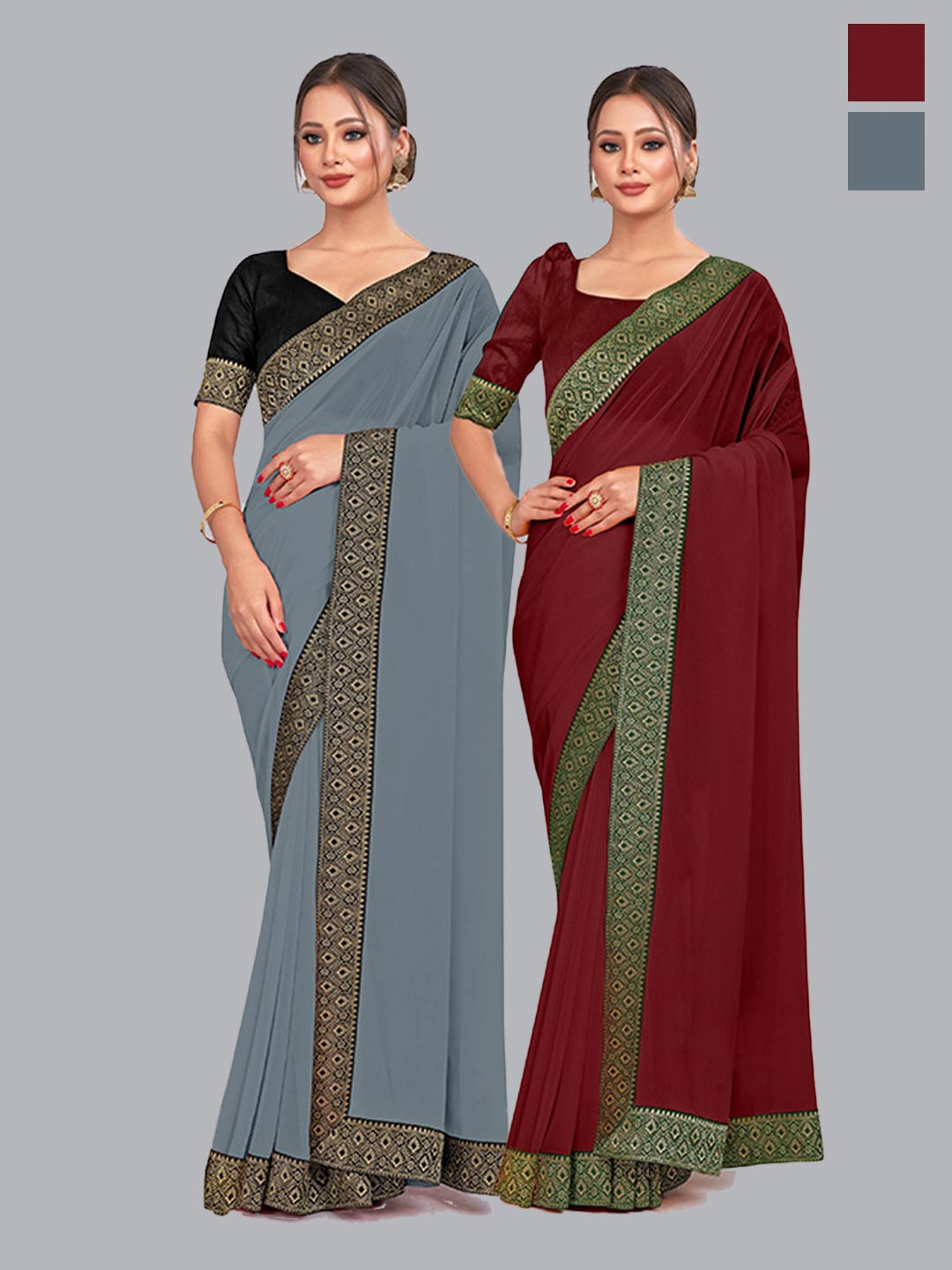 

CastilloFab Selection of 2 Zari Pure Georgette Sarees, Grey