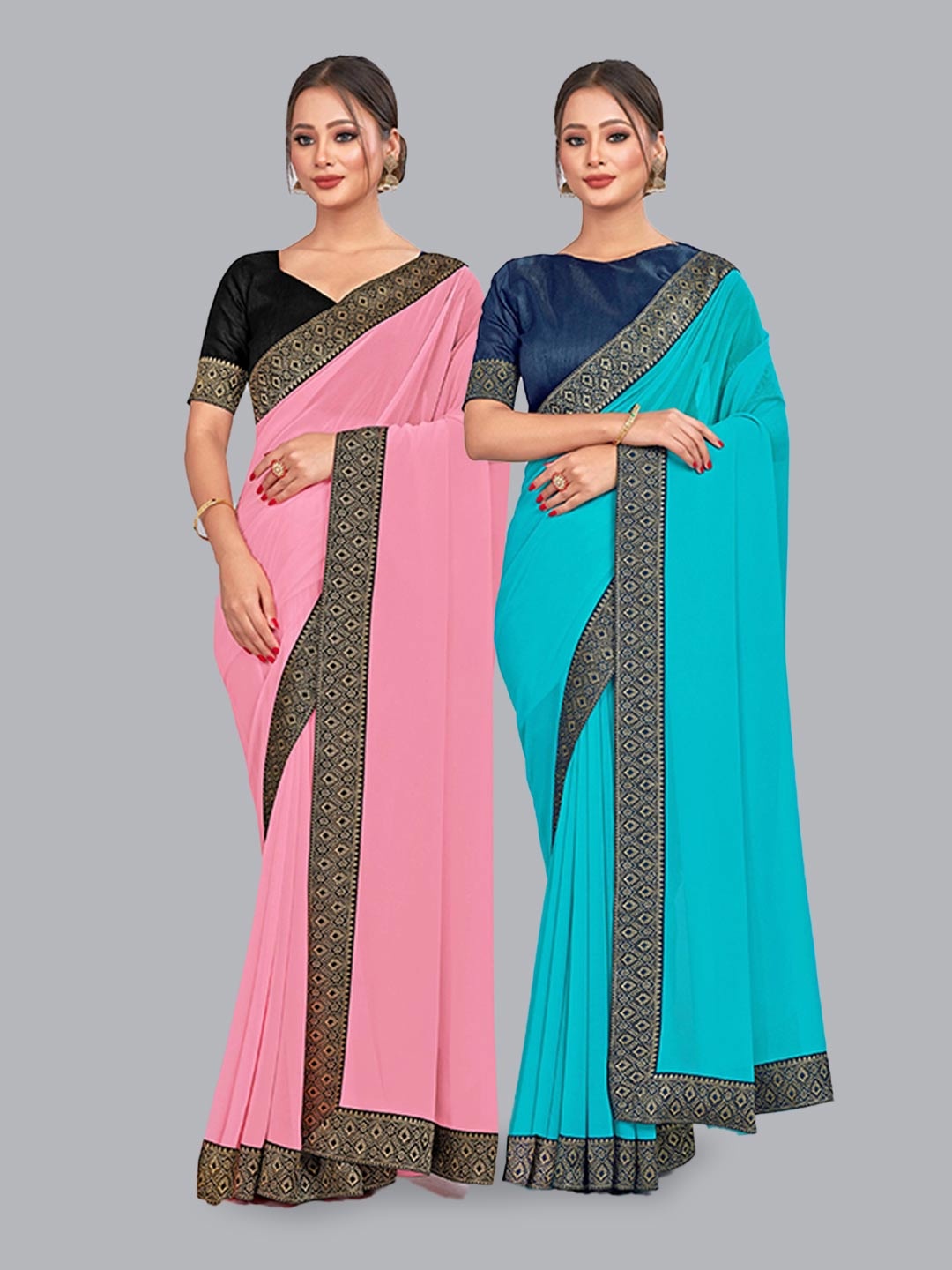 

CastilloFab Pure Georgette Lace Border Zari Saree, Pink