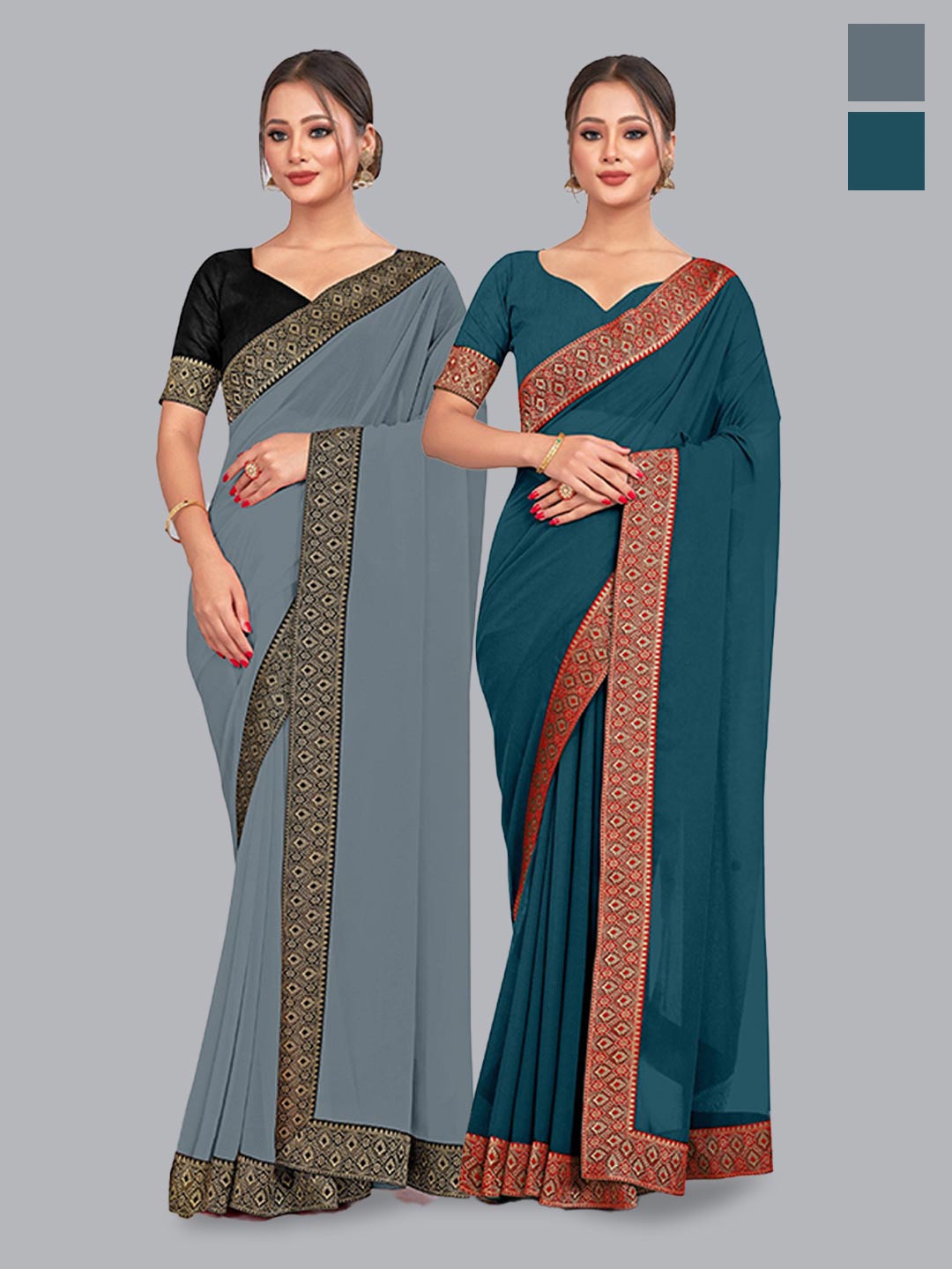 

CastilloFab Selection Of 2 Pure Georgette Zari Saree, Grey