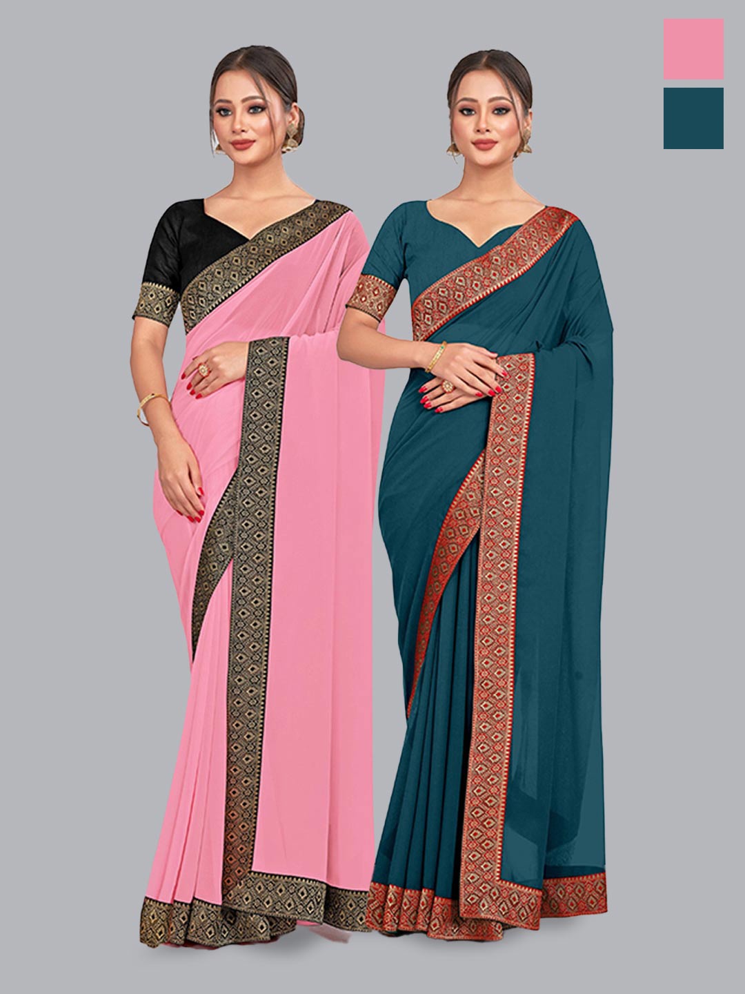 

CastilloFab Selection Of 2 Pure Georgette Zari Saree, Pink