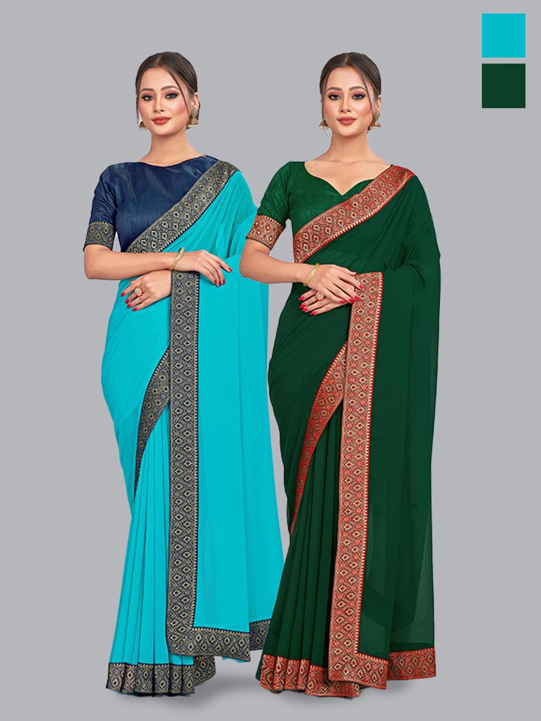 

CastilloFab Selection Of 2 Pure Georgette Zari Saree, Turquoise blue