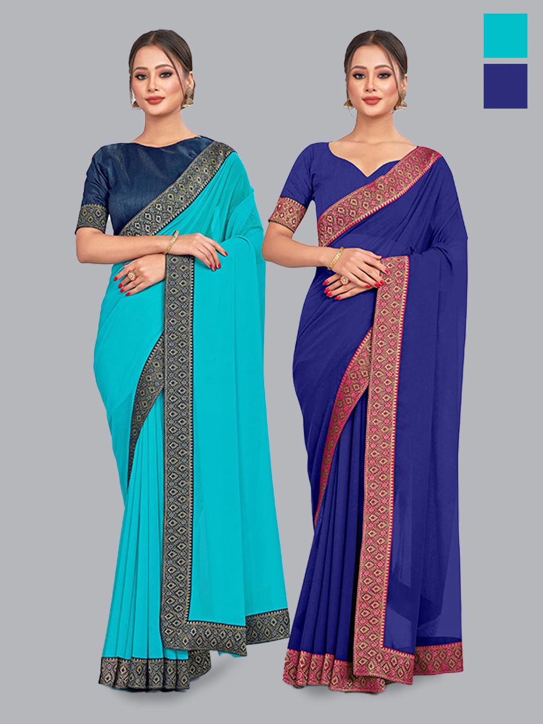 

CastilloFab Selection Of 2 Pure Georgette Sarees, Turquoise blue
