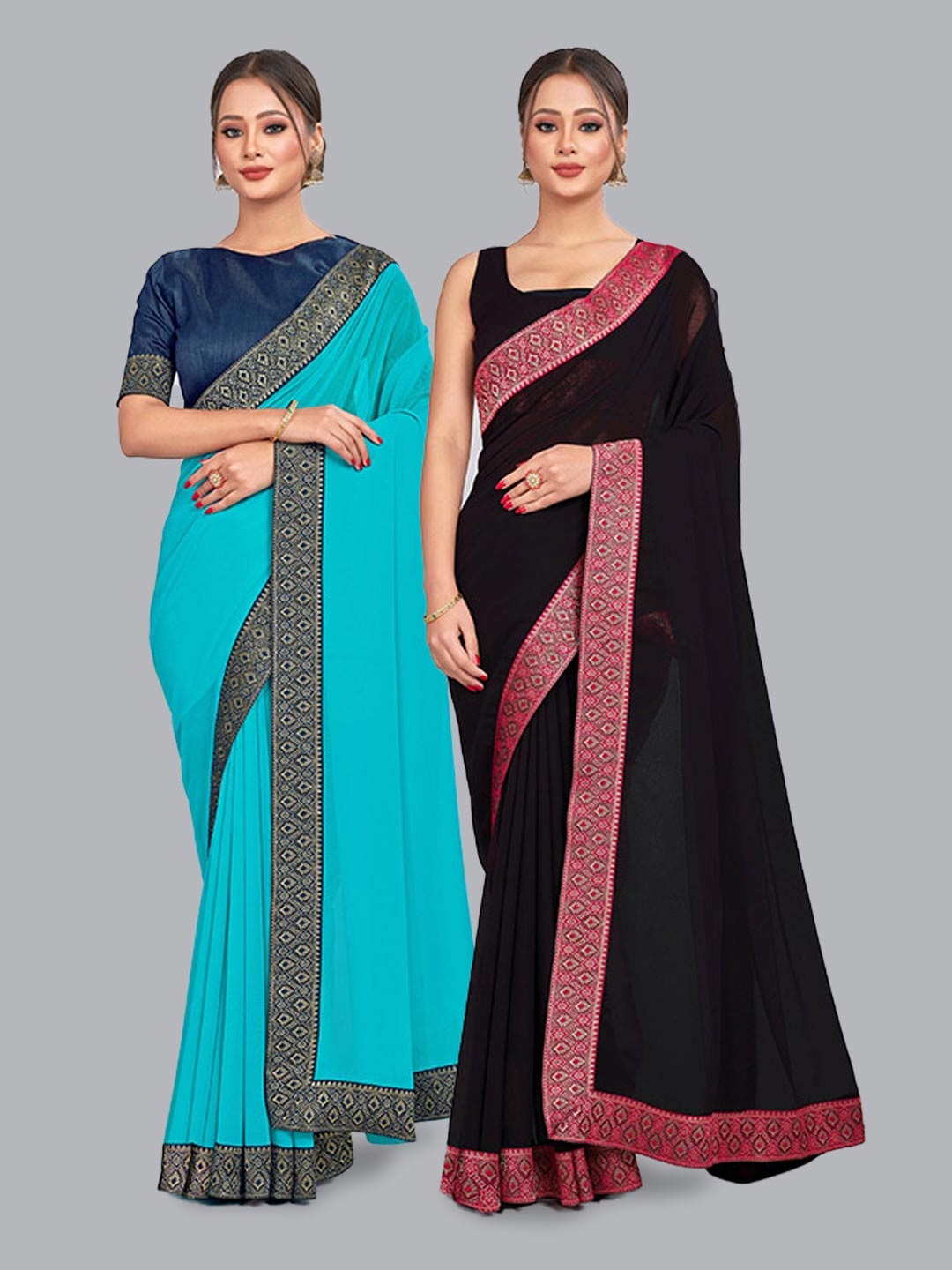 

CastilloFab Pure Georgette Lace Border Zari Saree, Turquoise blue