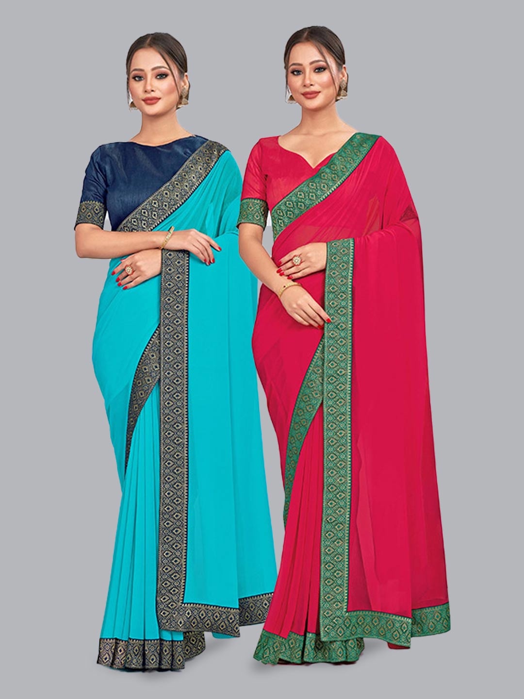 

CastilloFab Pure Georgette Lace Border Zari Saree, Turquoise blue