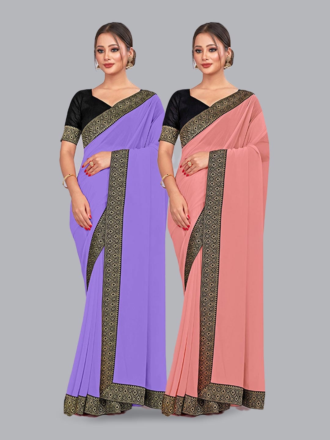 

CastilloFab Pure Georgette Lace Border Zari Saree, Lavender