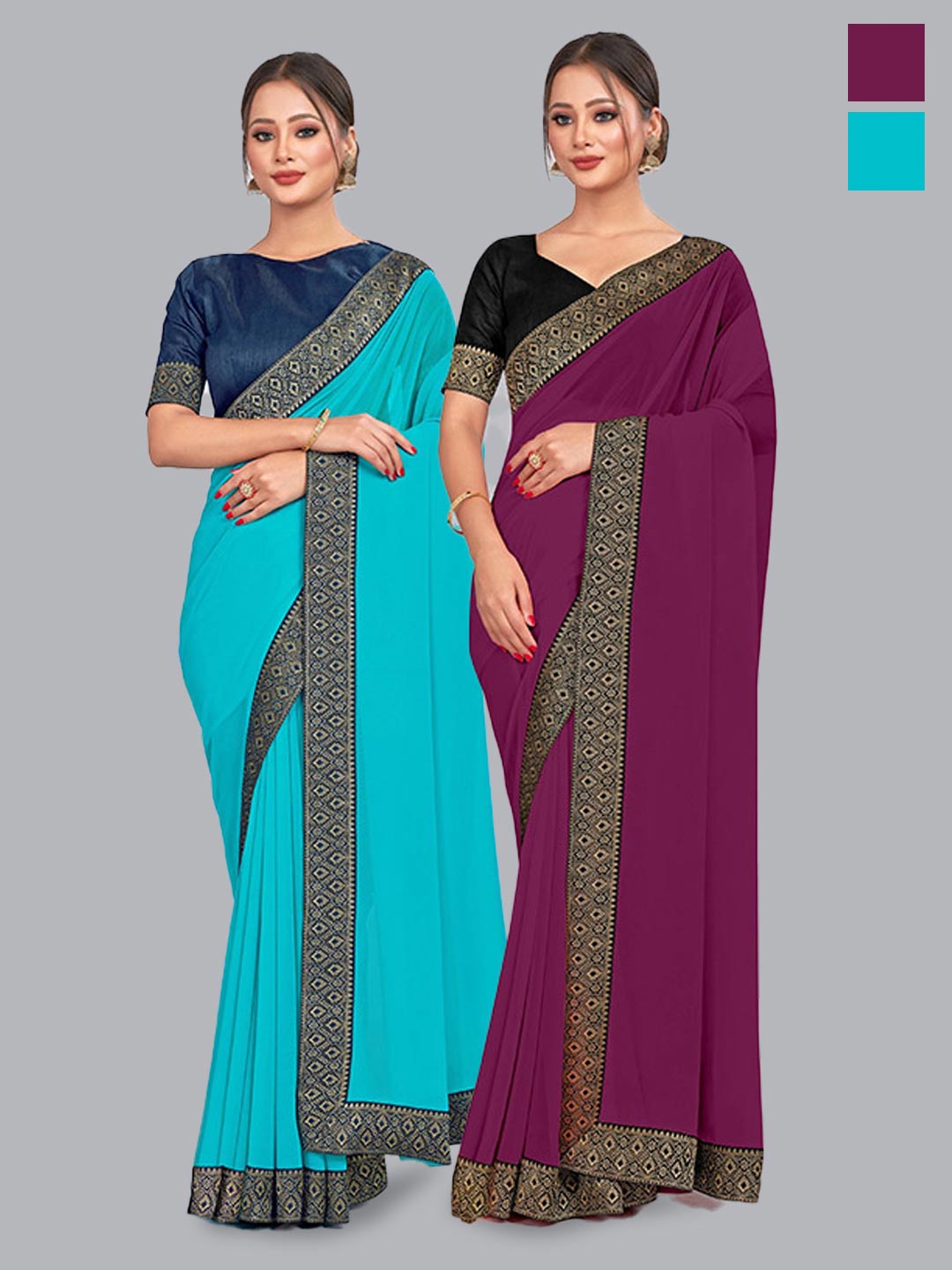 

CastilloFab Selection Of 2 Pure Georgette Zari Saree, Turquoise blue