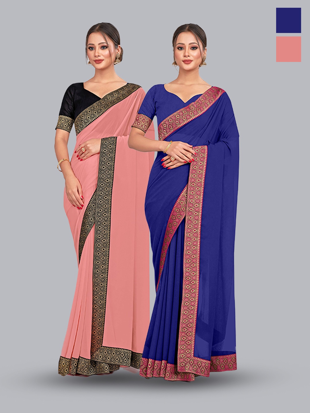 

CastilloFab Selection of 2 Zari Pure Georgette Saree, Peach