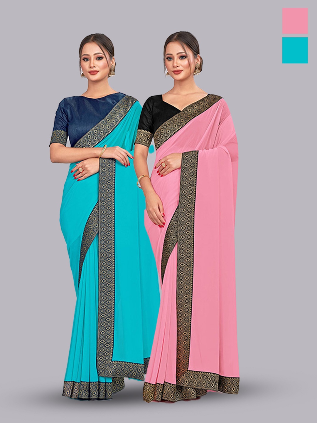 

CastilloFab Selection Of 2 Pure Georgette Zari Saree, Turquoise blue
