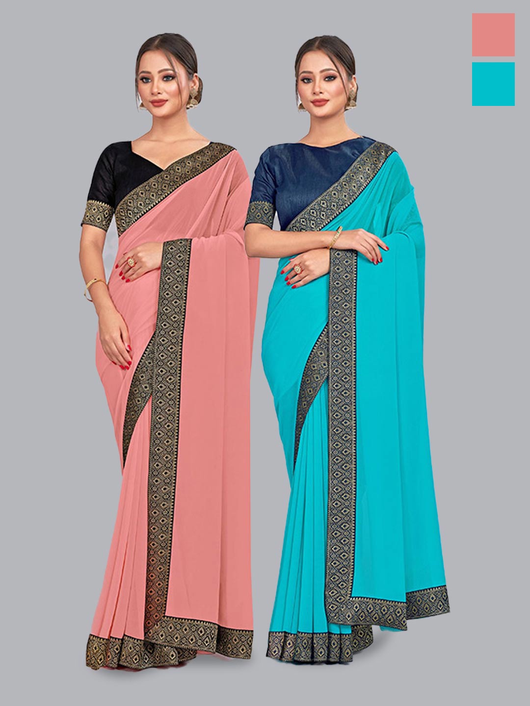 

CastilloFab Selection Of 2 Pure Georgette Zari Saree, Peach