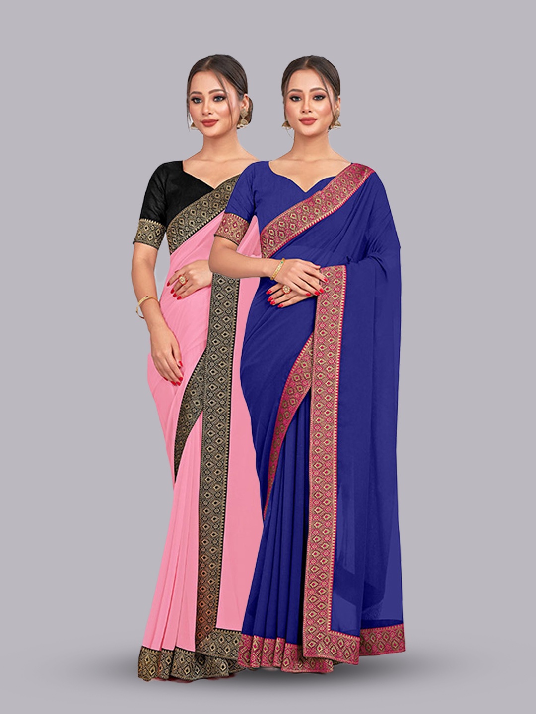 

CastilloFab Pure Georgette Lace Border Zari Saree, Pink